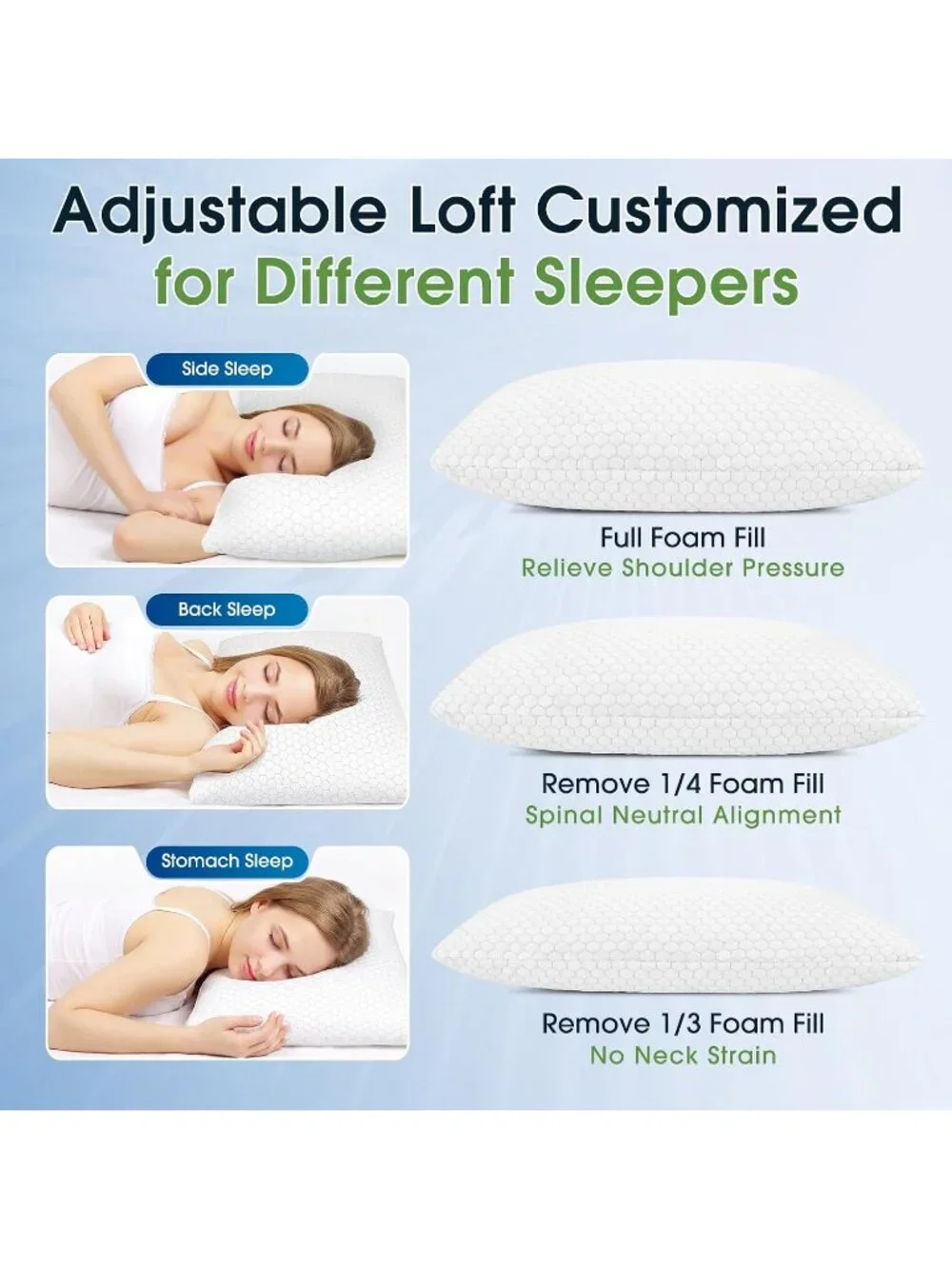 〽️Cooling Pillow Queen Size Set 2 Gray Shredded Memory Foam Adjustable Pillows